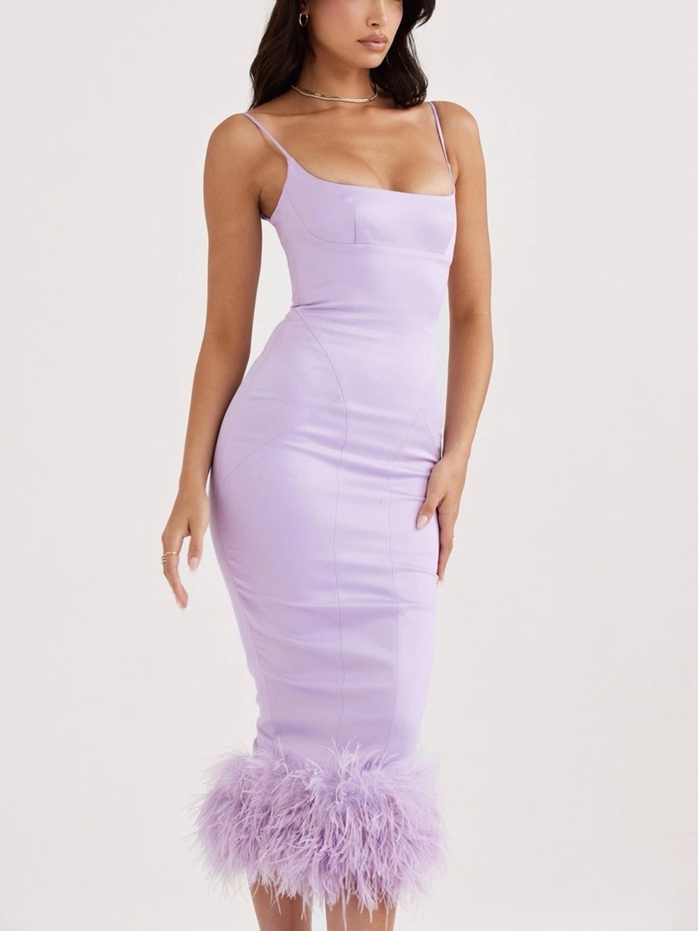 House of CB Lilac Feather-Hem Midi Dress
